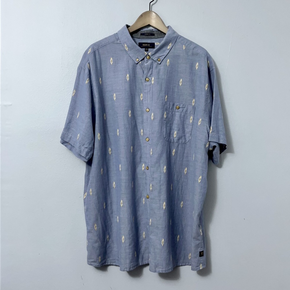 Roark Button Up Shirt‎ Men 2XL Blue Chambray Ikat Dobby Short Sleeve